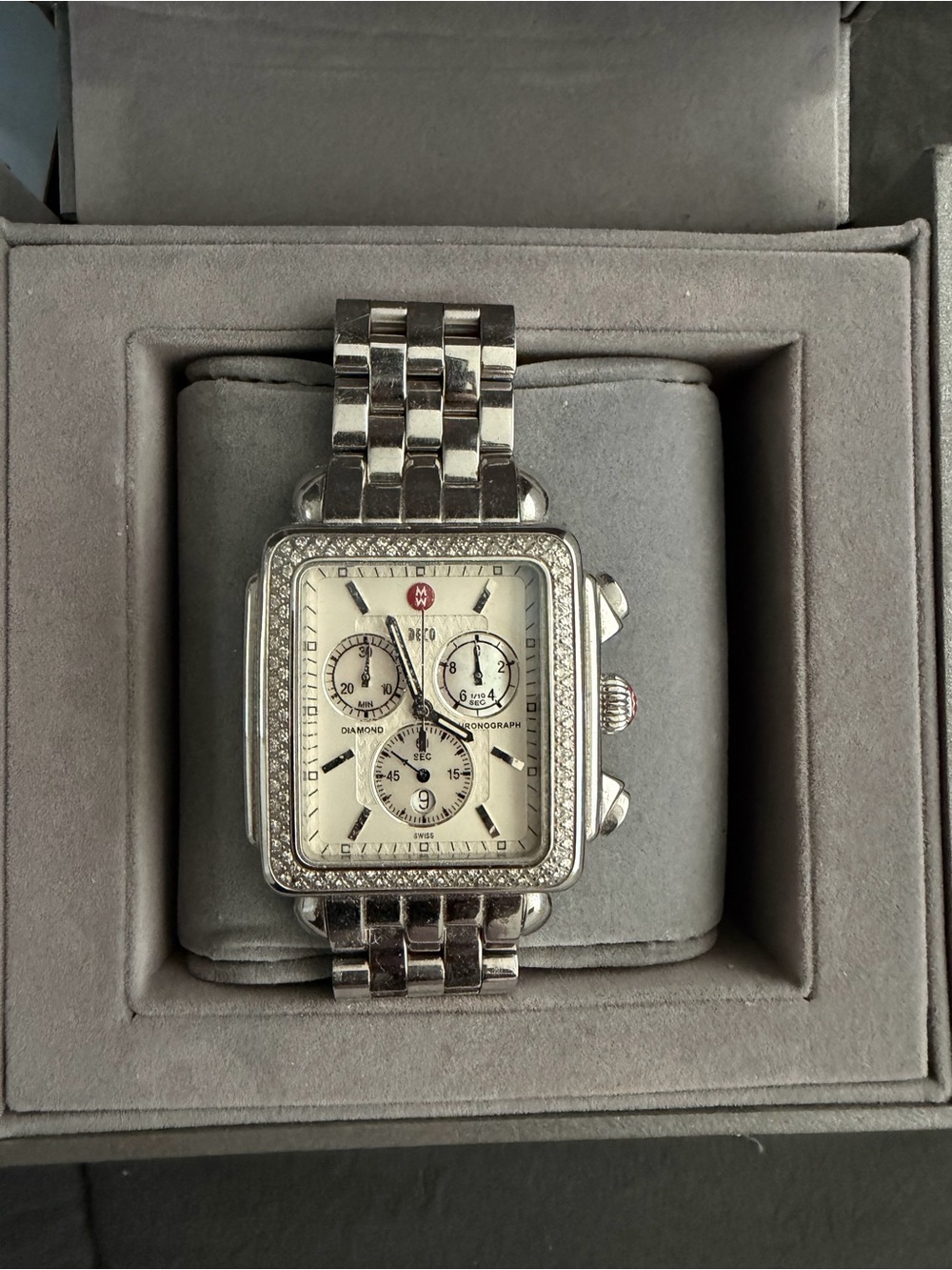 Michele Silver Crystal-Accented Square Chronograph Watch - Picture 4 of 7